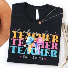 Personalized Kindergarten Teacher Shirt Custom Name Bow Back to School Gift Tee
