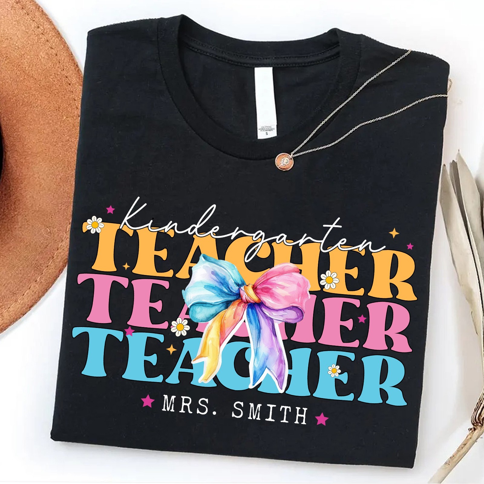 Personalized Kindergarten Teacher Shirt Custom Name Bow Back to School Gift Tee gallery