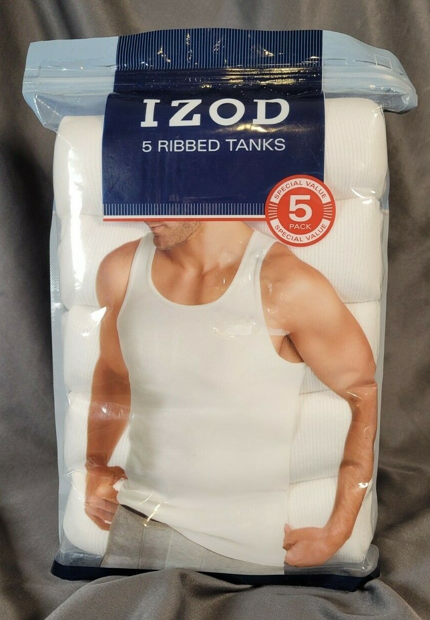 Izod 5 Pack Ribbed Tanks White Medium, 100% Cotton, Classic Fit FREE SHIPPING!