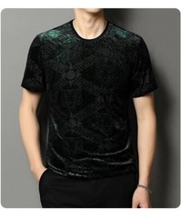 New Men Fashion Bronzing Flocking Trend Silky Velvet Summer Short Sleeve T-Shirt
