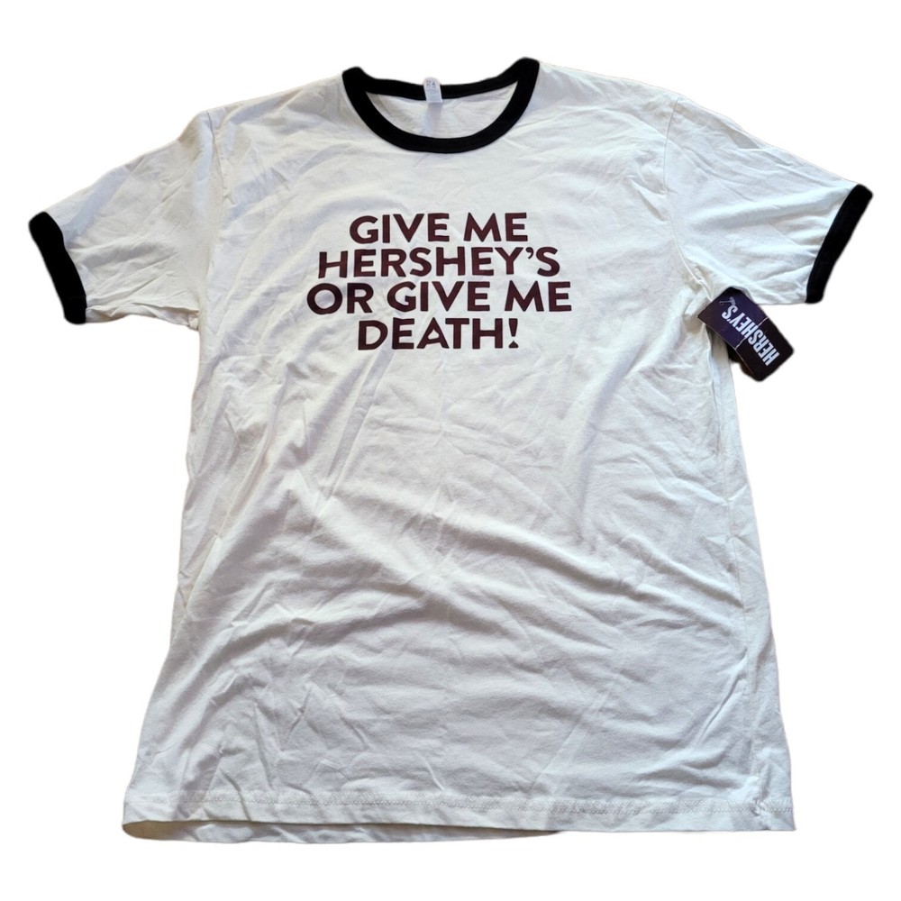 Hershey Chocolate Slogan Ringer Tee SZ L Give Me Hersheys Or Give Me Death