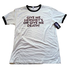 Hershey Chocolate Slogan Ringer Tee SZ L Give Me Hersheys Or Give Me Death