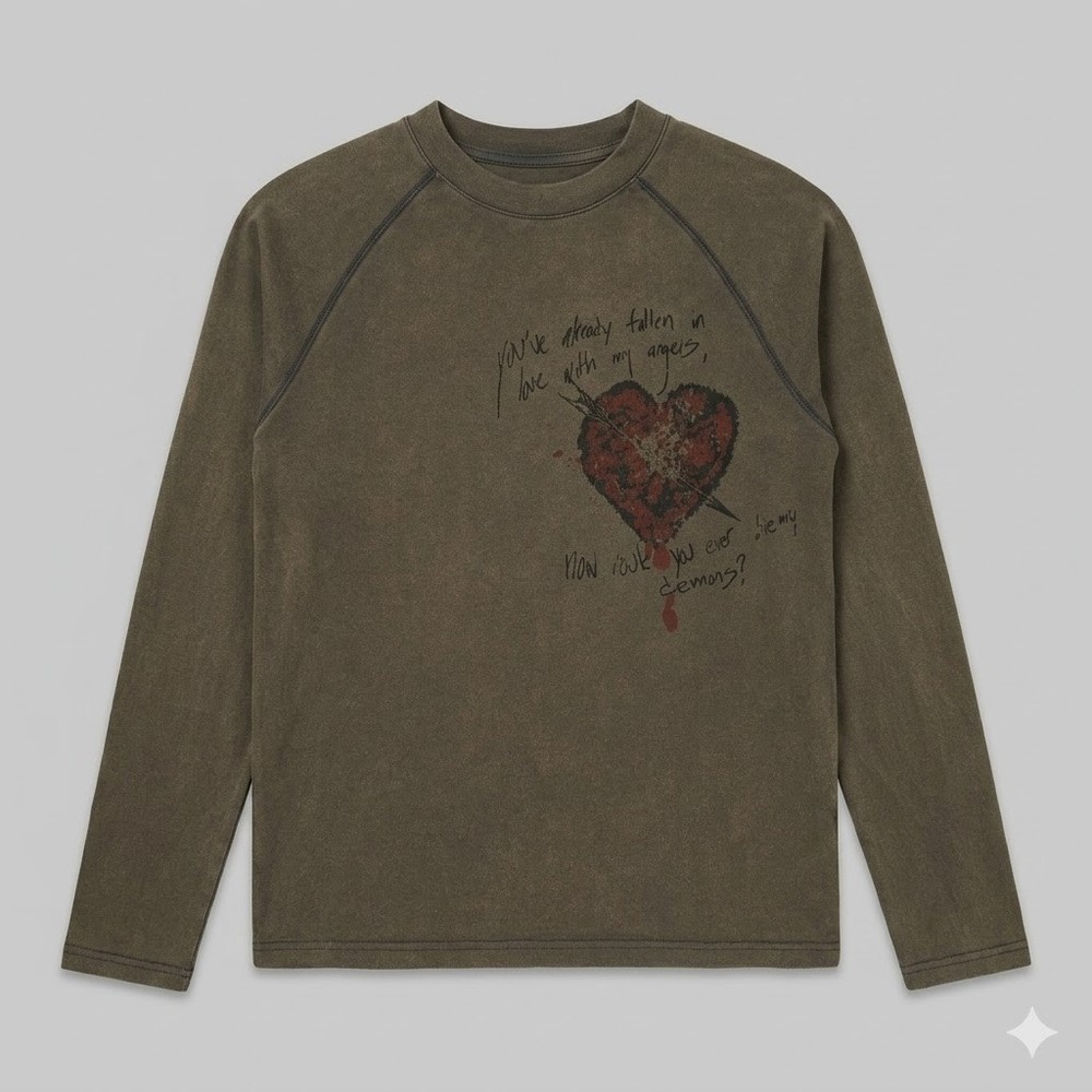 Ditch LA Mens Small Brown Heart Long Sleeve Shirt Bat Sleeve Angels Demons