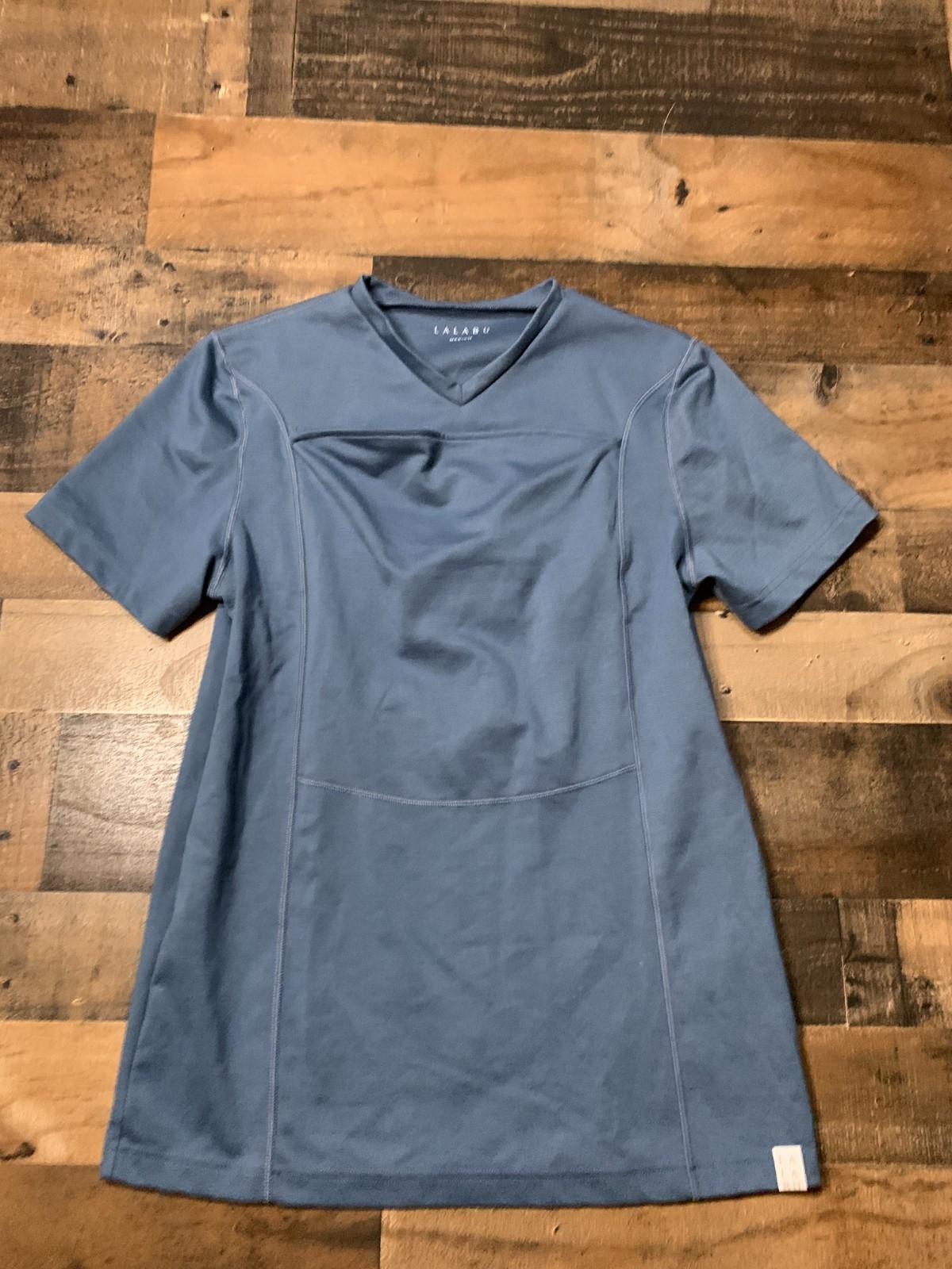 Lalabu Dad Shirt Mens Medium Blue V Neck Kangaroo Pouch Baby Carrying Stretch gallery