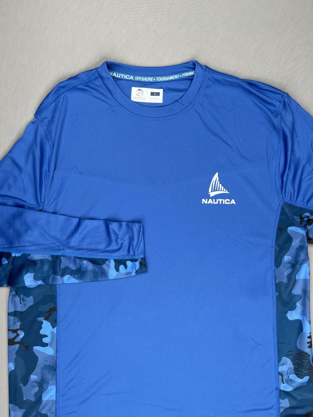 Nautica Shirt Men L Blue Camo OTF Offshore Tournament Fishing UPF50+ Performance