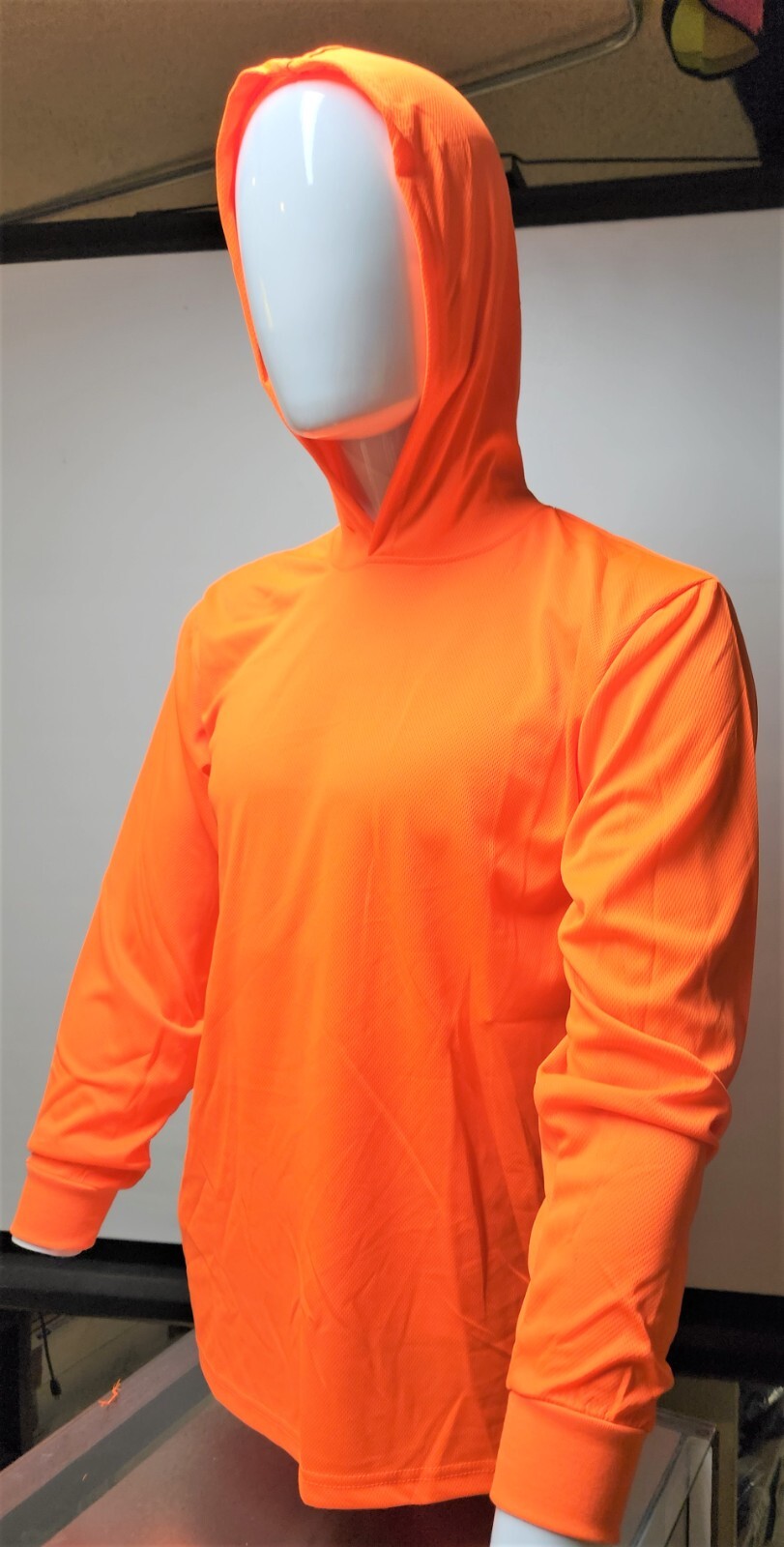 Safety Orange Long Sleeve Shirt With Hoodie, Polyester birdeye mesh fabric gallery