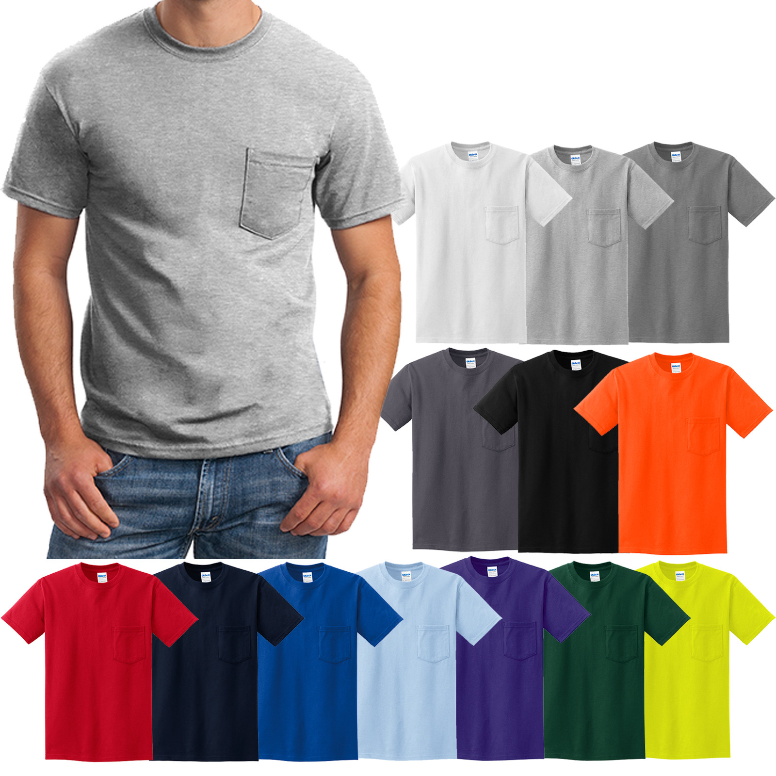 MENS Pocket T-Shirt Gildan 100% Cotton PRESHRUNK Tee Sizes S, M, L, XL NEW gallery