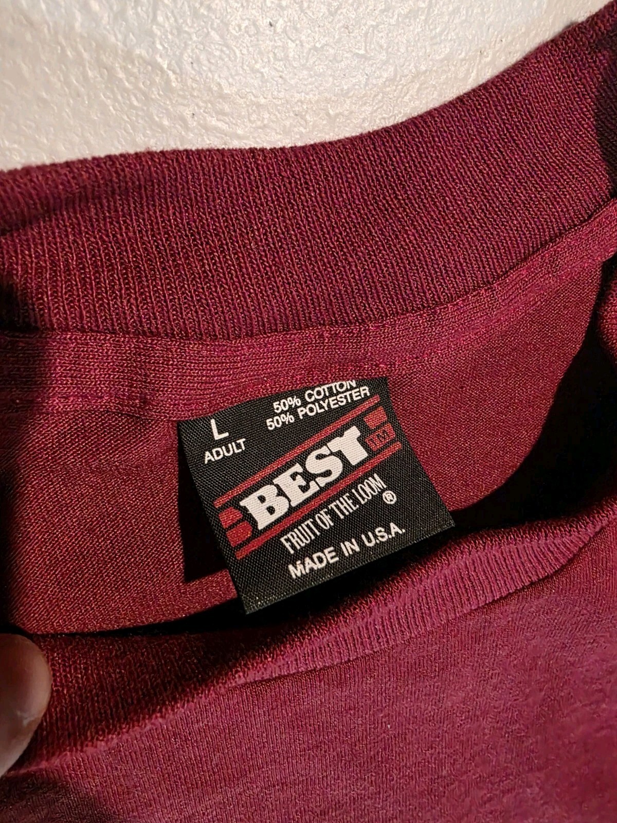 Vtg Fruit of the Loom BEST Blank Burgundy Maroon Shirt Size L USA Single Stitch gallery