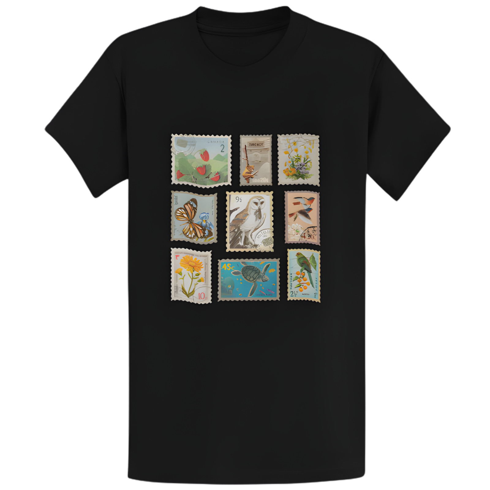 Gildan 5000 Vintage Wildlife Botanical Stamp Collage T-Shirt - Retro Gift Tee gallery
