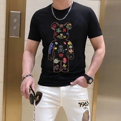 New Fashion Rhinestones Bear Short Sleeve Luxury Men Black White T-Shirt