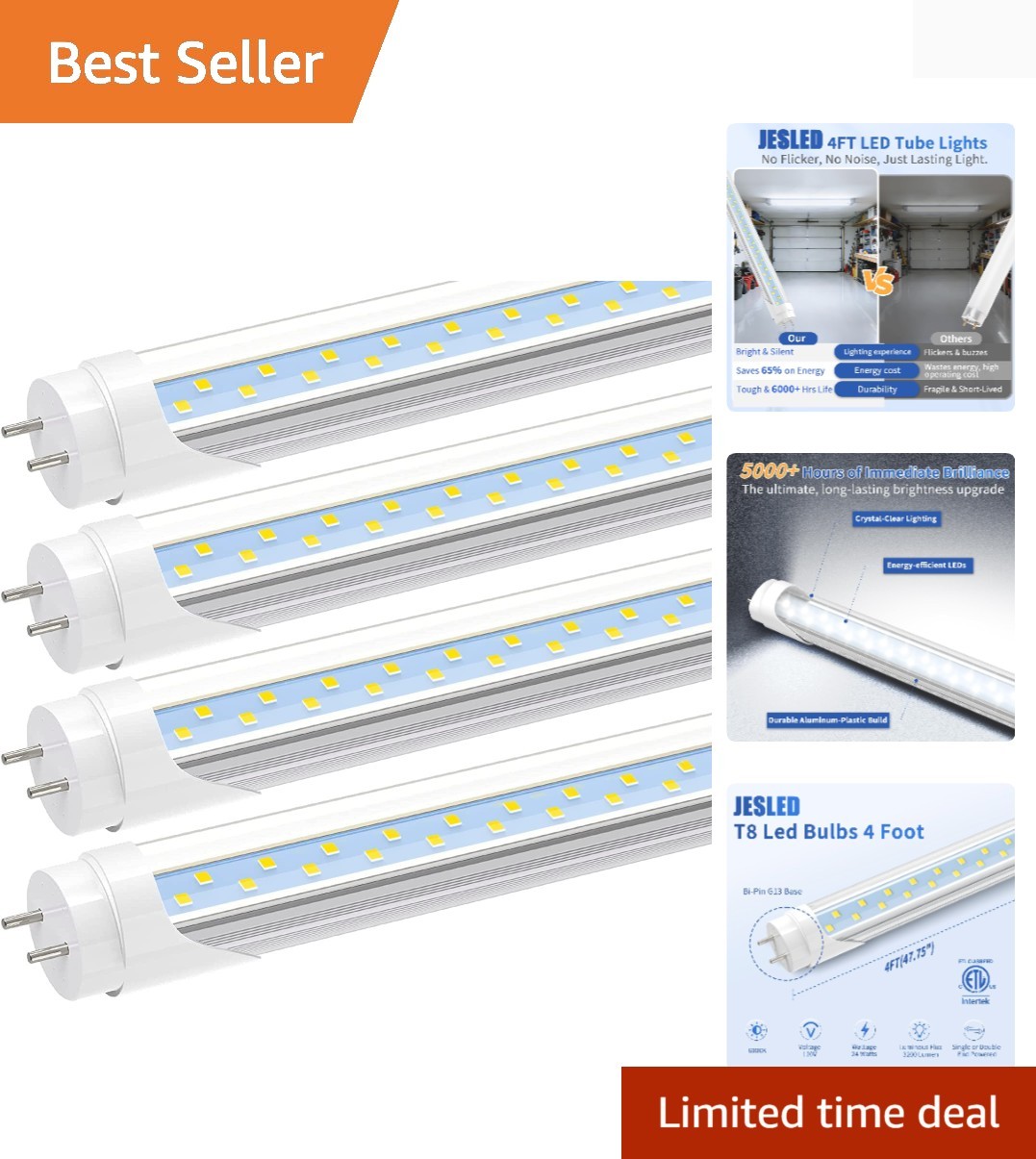 Bright White T8 LED 4FT Bulbs, 24W, Compatible with T8/T10/T12 Fixtures – 4Pack
