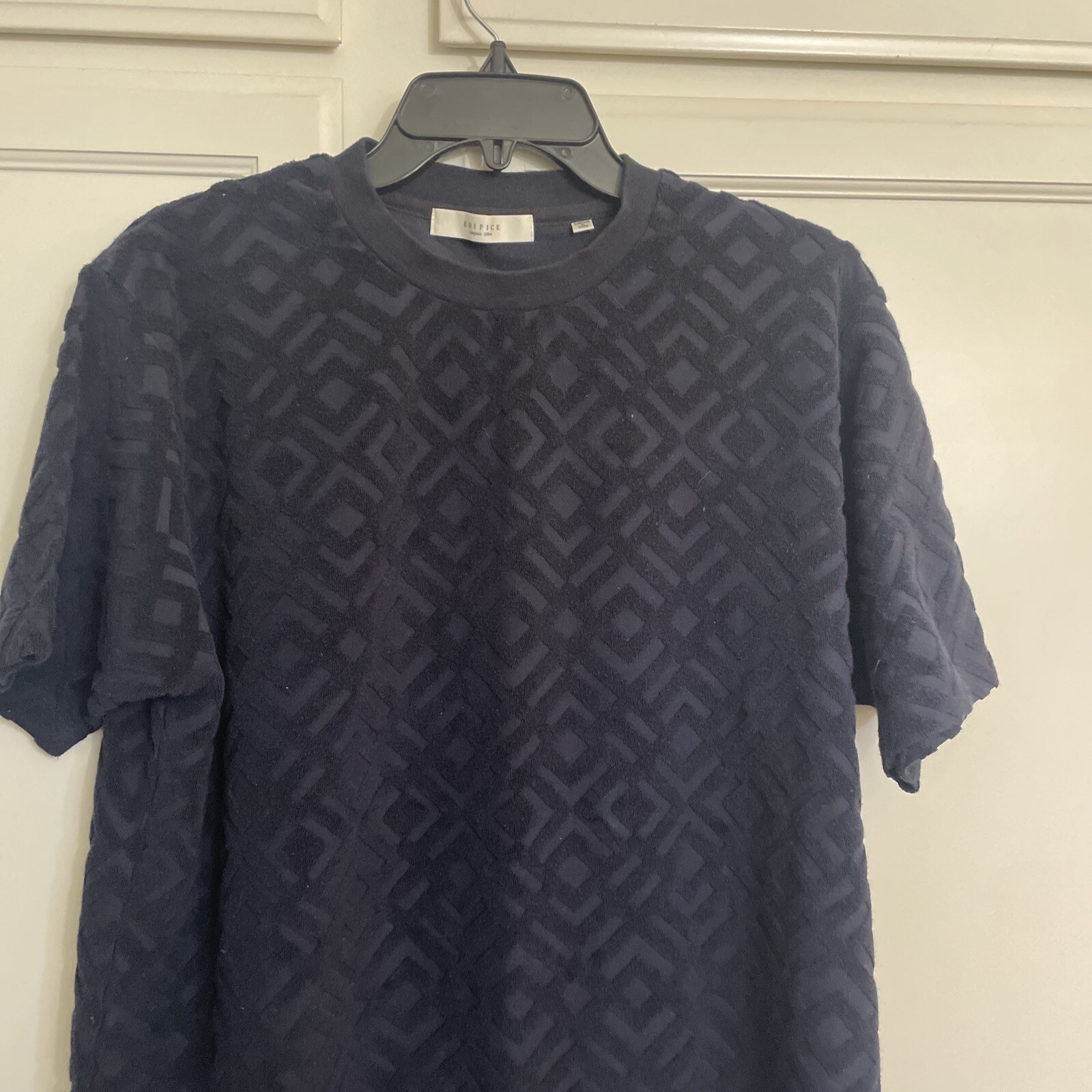 Edifice Pull Over Shirt Navy Velvet Textured Fabric Size XL Cotton Short Sleeve gallery