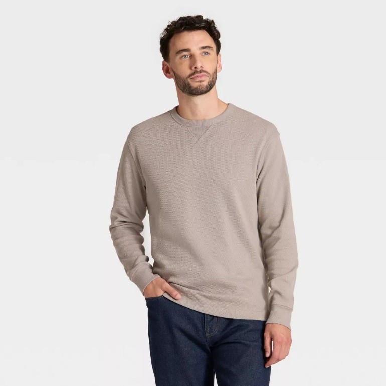 Goodfellow & Co Mens Size M Vintage Textured Crew Neck Long Sleeve Shirt Taupe