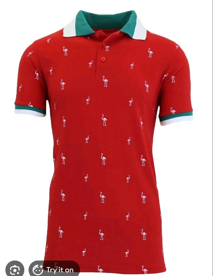 Men's Short Sleeve Red Shirt With Collar Flamingo Pattern Cotton-Blend NEW gallery
