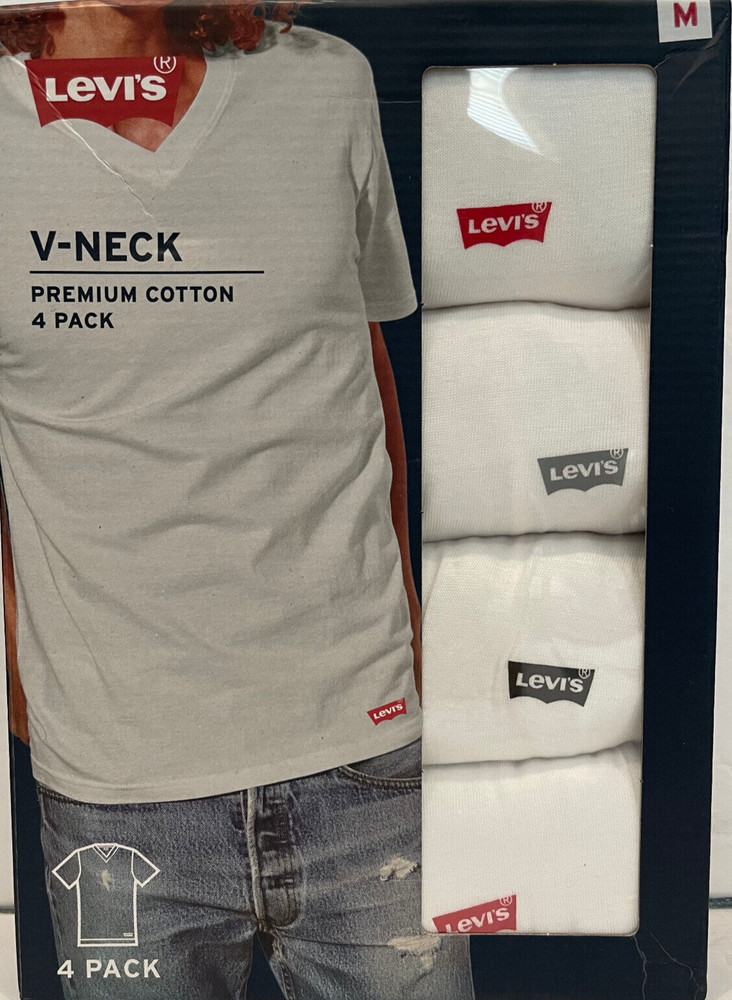 Levis 4 Pack Mens V-Neck Premium Cotton Logo T-Shirts Size: Medium White Tee