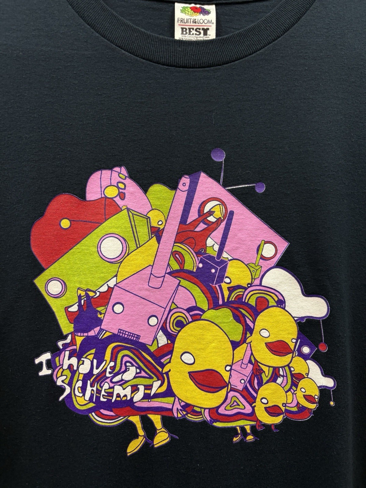 Vintage 2000s Pop Art T-shirt Size Large Black Colourful Ducks Robots Cartoon gallery