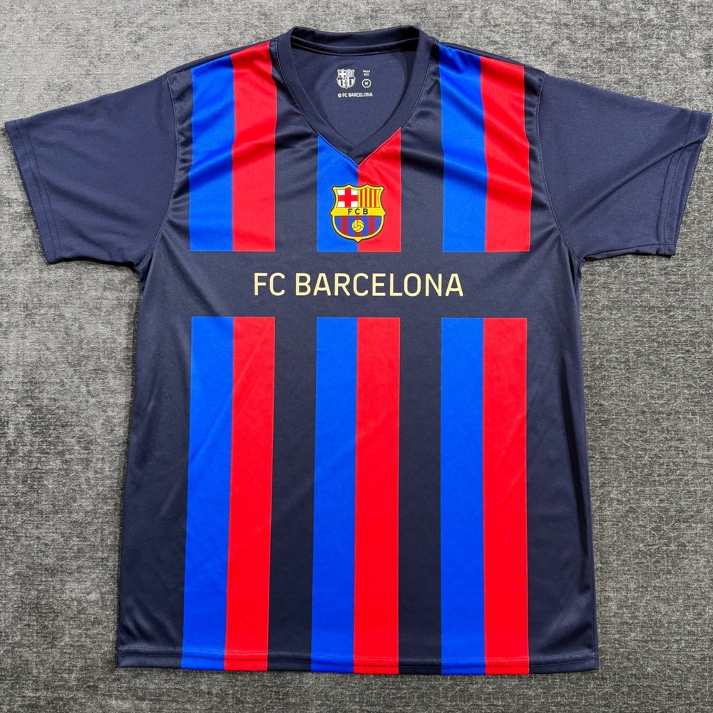FC Barcelona Soccer Jersey Mens Medium Blue Red Striped VNeck Short Sleeve Shirt