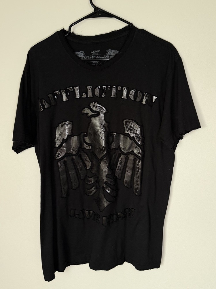 Affliction Men L Black Eagle Logo Graphic Print Short Sleeve T-Shirt