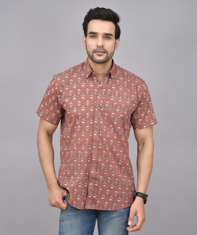 Mens 100% Organic Cotton Short Sleeve Shirt, Hand Printed Shirt Men