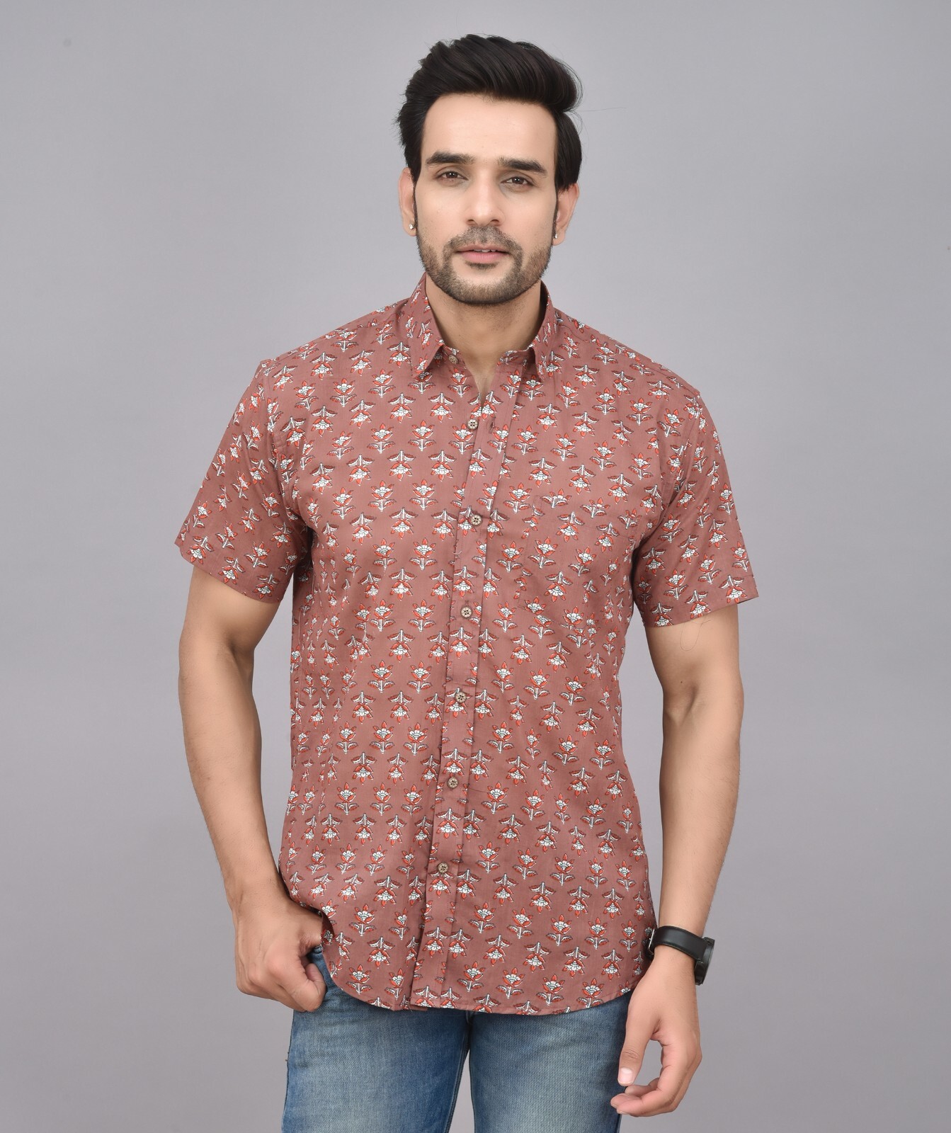 Mens 100% Organic Cotton Short Sleeve Shirt, Hand Printed Shirt Men