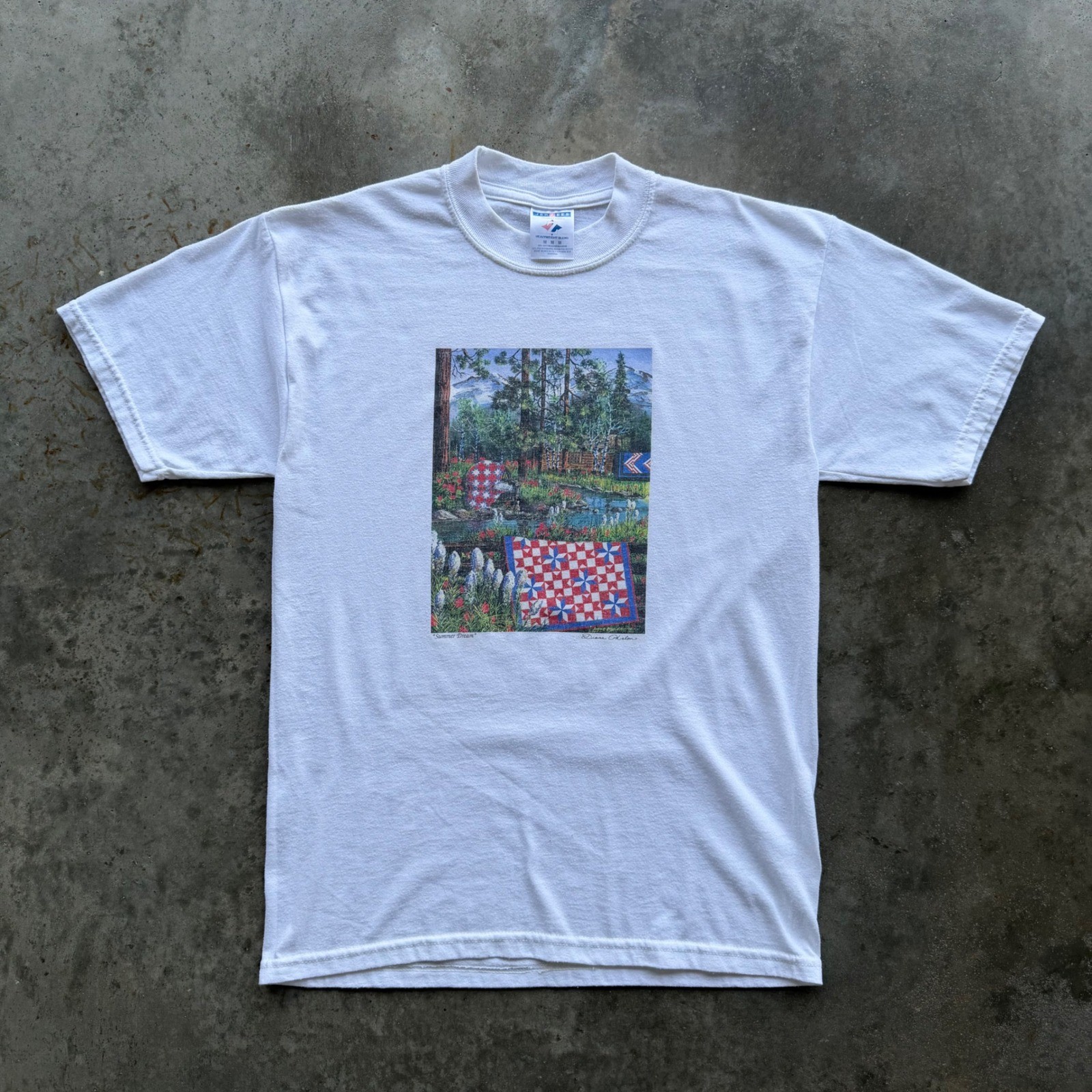 Vintage Jerzees Summer Dream Quilt Art Nature Tee White Diane Phalon Mens Medium gallery