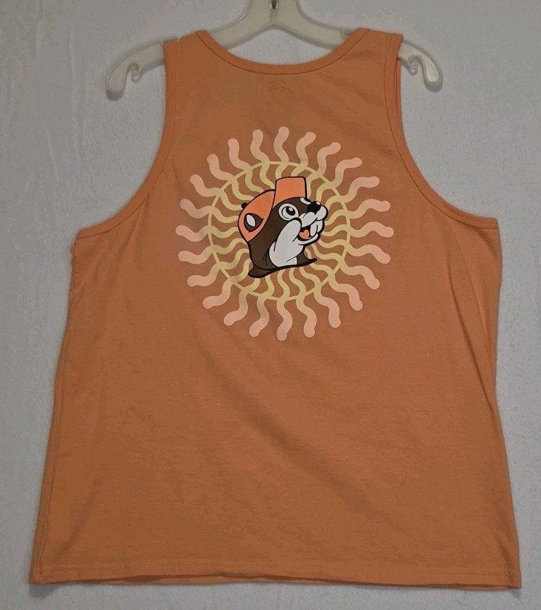 Buc-ees Large Tank Top Texas Orange Sun Summer Travel Beaver