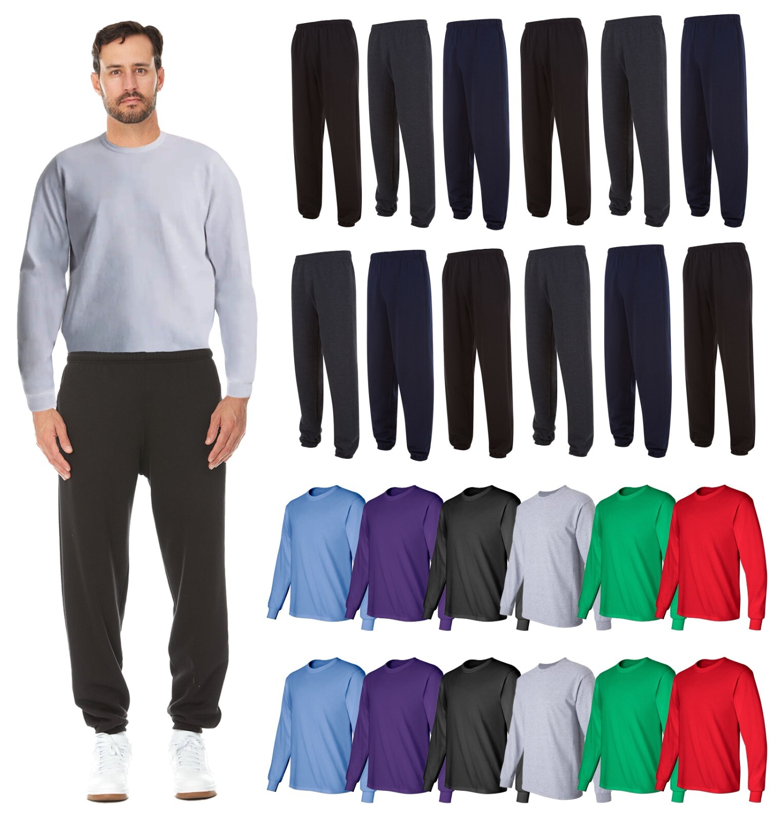 BILLIONHATS Bulk 24 Pack 12 Mens Jogger Pants & 12 Assorted Long Sleeve T-Shirts