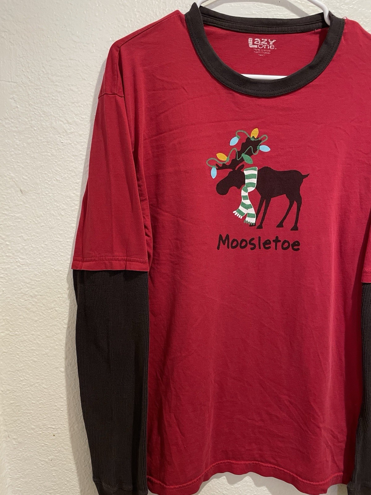 Lazy One Moosletoe Pajama Shirt Mens Large Thermal Sleeve Christmas Moose Red L gallery