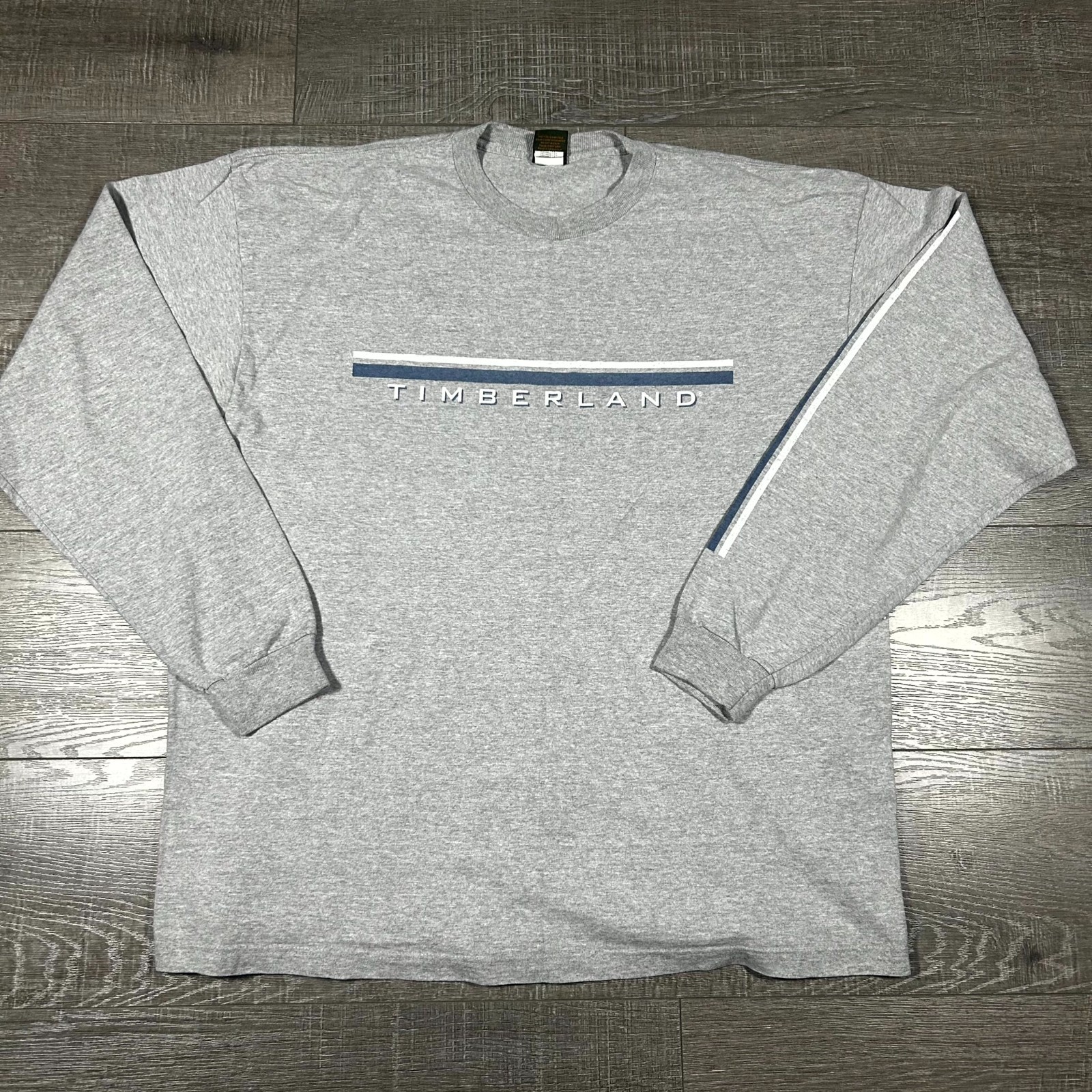 VTG 90s Timberland T-Shirt Men’s XL Gray Spell Out Graphic Logo Ribbed Cuff USA