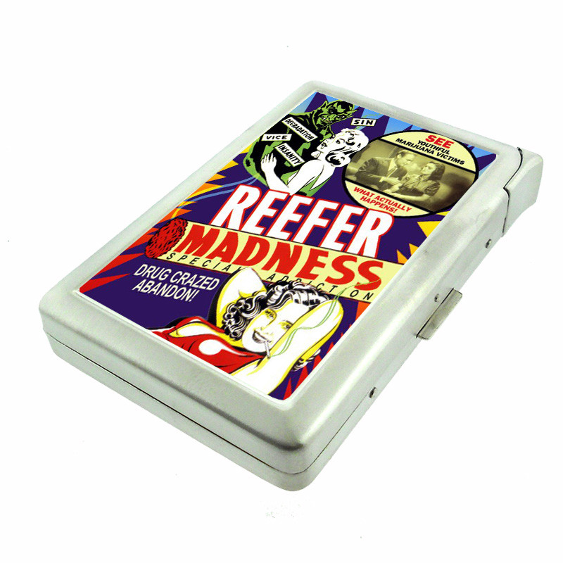 Reefer Madness D5 100’s Size Cigarette Case with Built in Lighter Metal Wallet