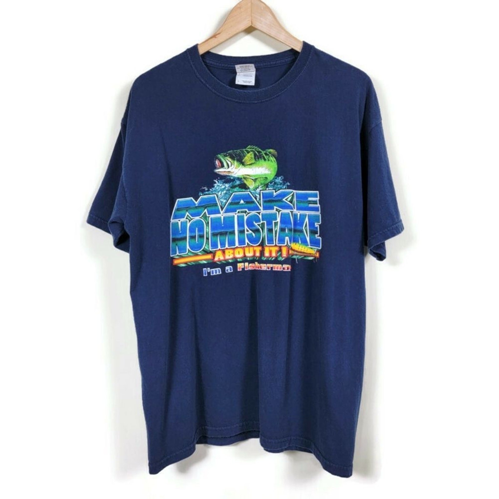 Gildan Cotton Graphic T Shirt Mens Size L Navy Blue Fisherman Make No Mistake gallery