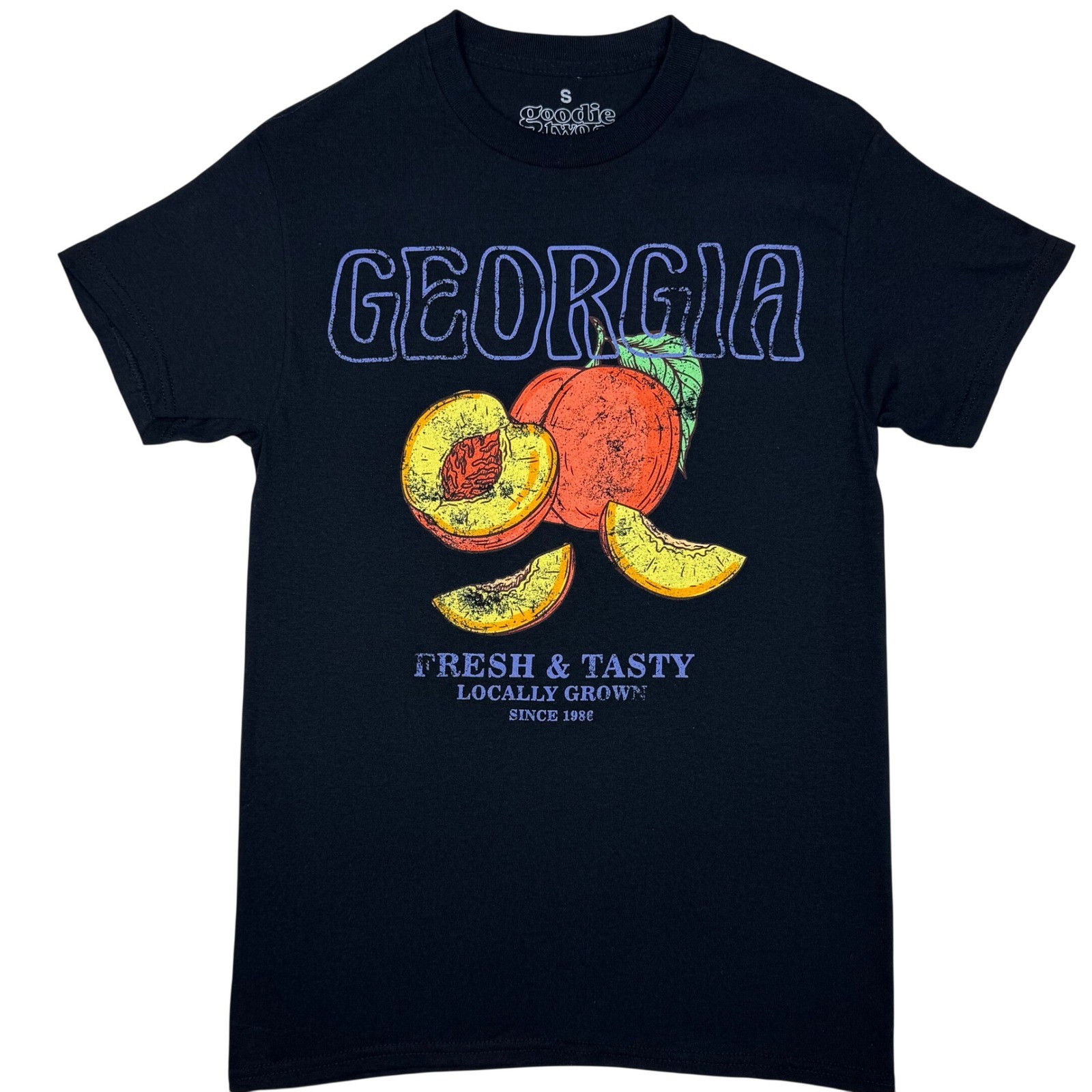 Goodie Two Sleeves Georgia Peach Graphic Tee Vintage Style Unisex Small Black