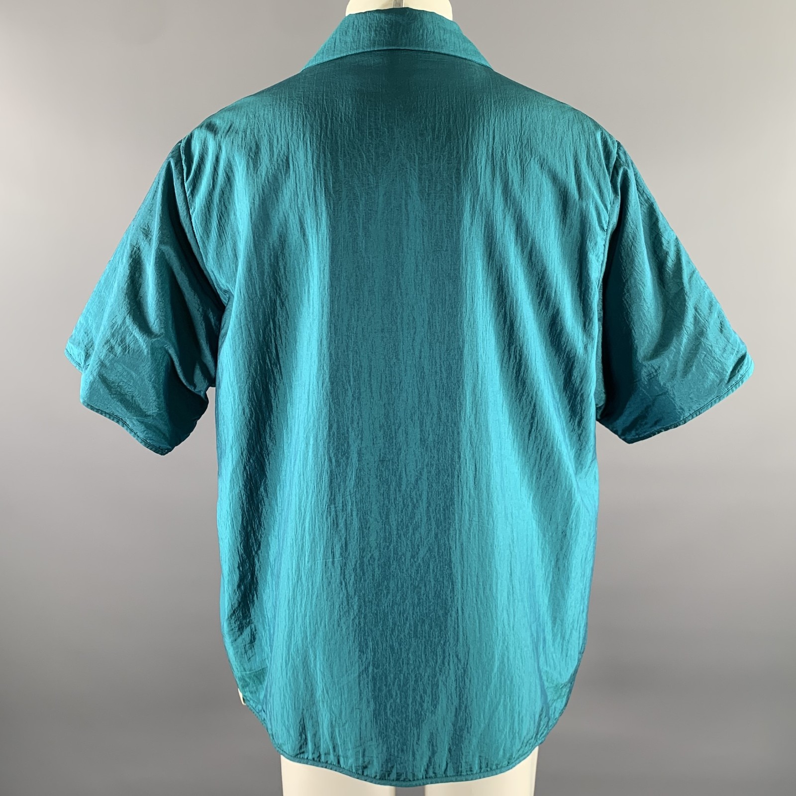 JIL SANDER Size XL Teal Polyamide Silk Camp Short Sleeve Shirt gallery