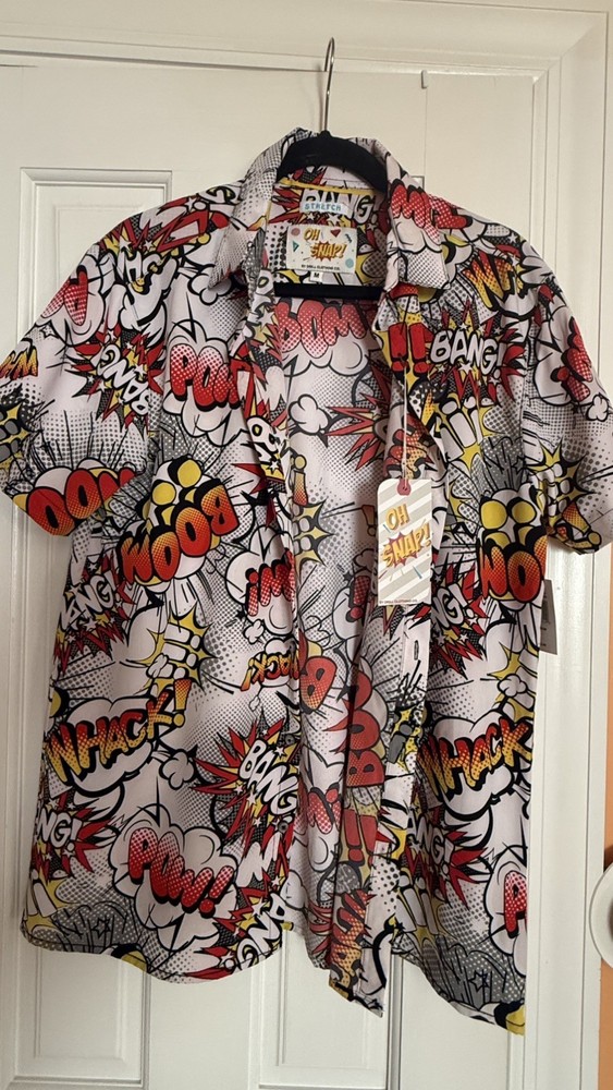 Oh Snap Drill Clothing Comic Pop Art Shirt Mens M Stretch Button Up Bang Pow
