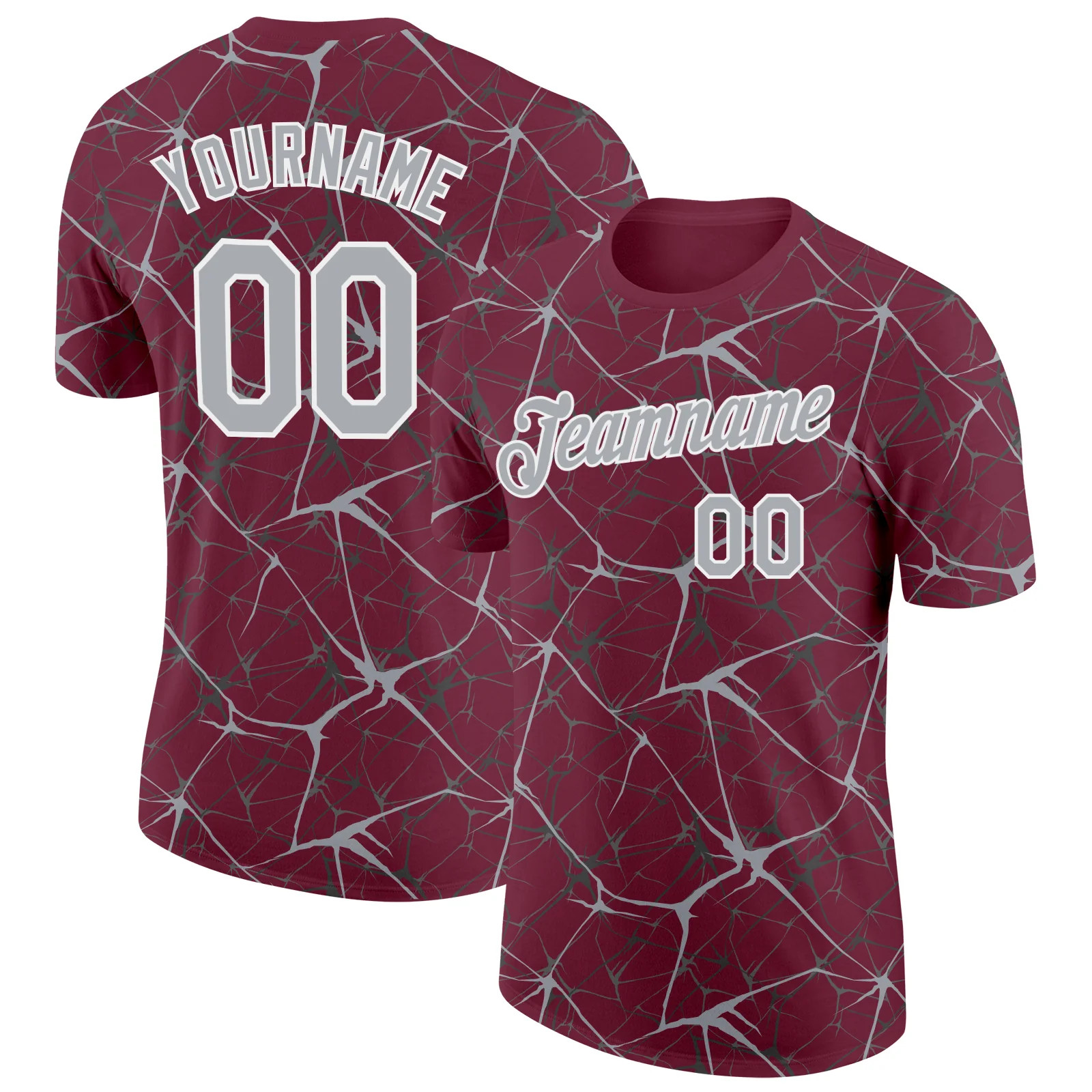 Custom Burgundy Gray Abstract Crackle Sports Tee Personalized Team Jersey gallery