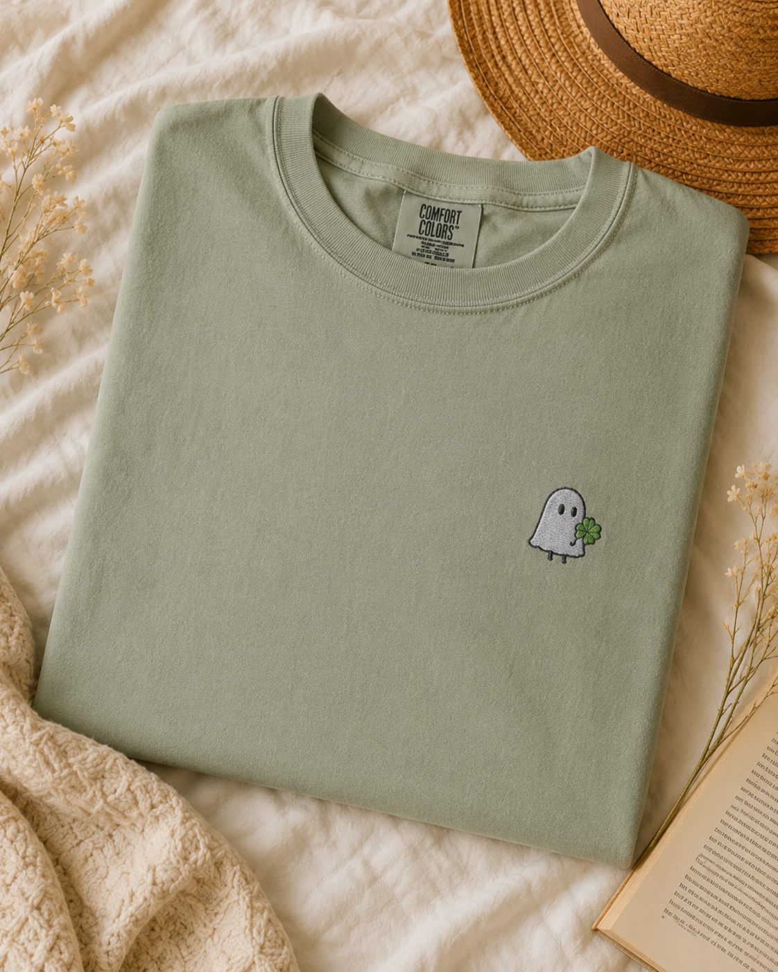 Cute Ghost Embroidered T-Shirt with Lucky Clover | Comfort Colors gallery