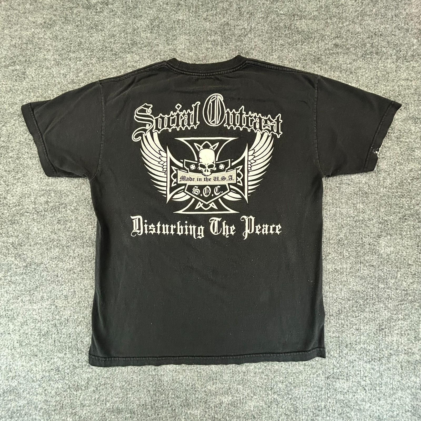 VINTAGE Social Outcast Shirt Mens L Black Iron Cross Skater Streetwear 90s Y2K