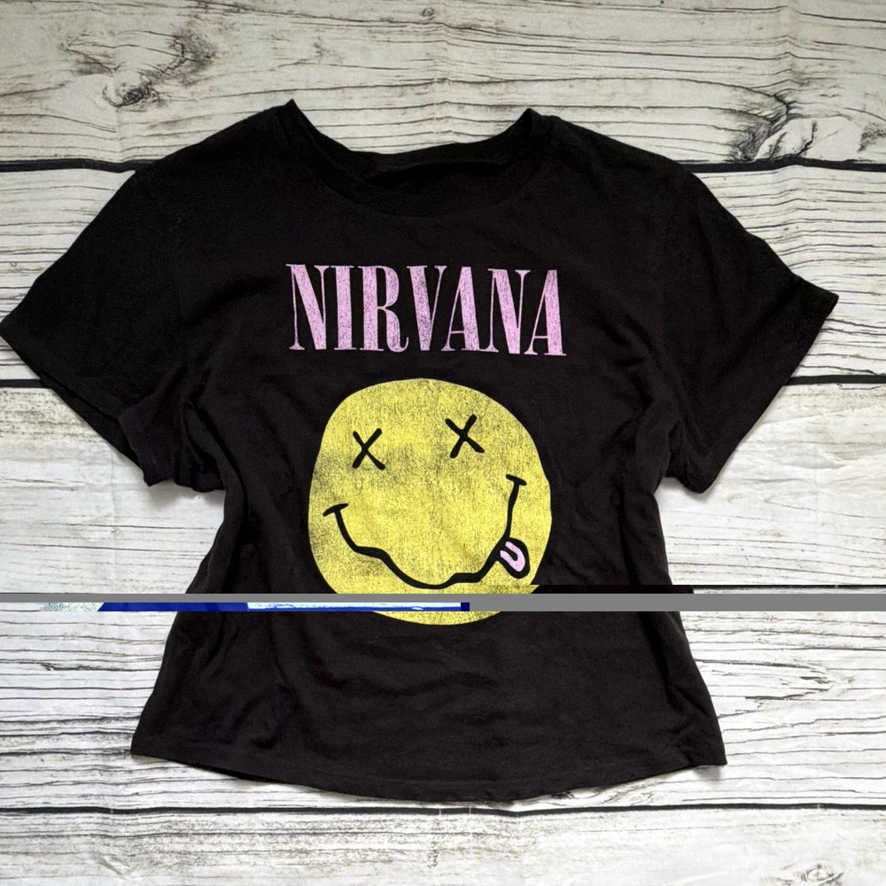 Nirvana Smiley Graphic Print Black Crew Neck Short Sleeve Women’s T-Shirt L