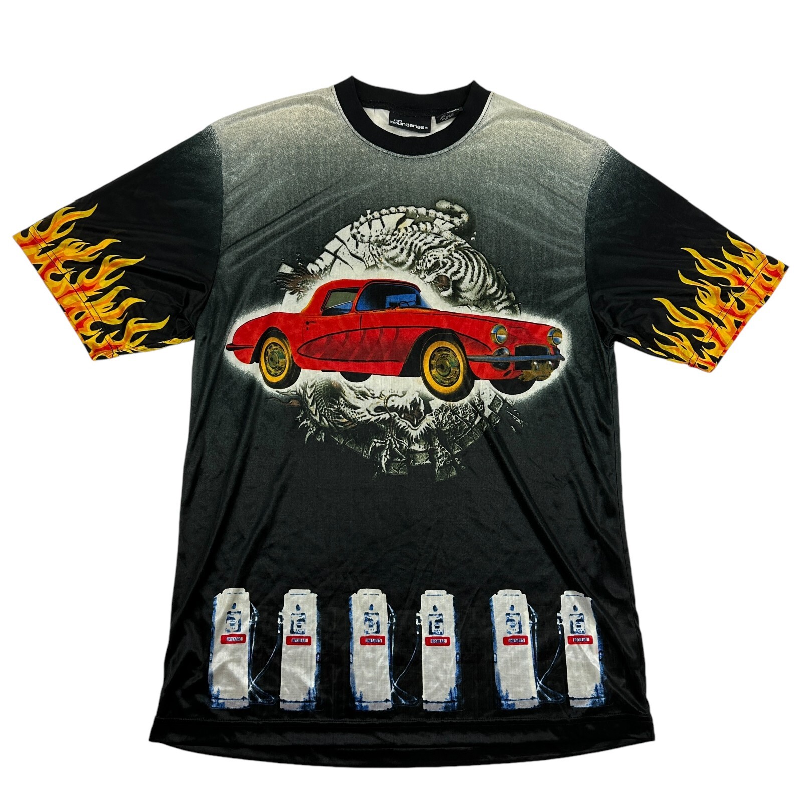 VTG Y2K No Boundaries Sheer T-Shirt S/S Car Flames Gasoline Tiger Sz M Polyester