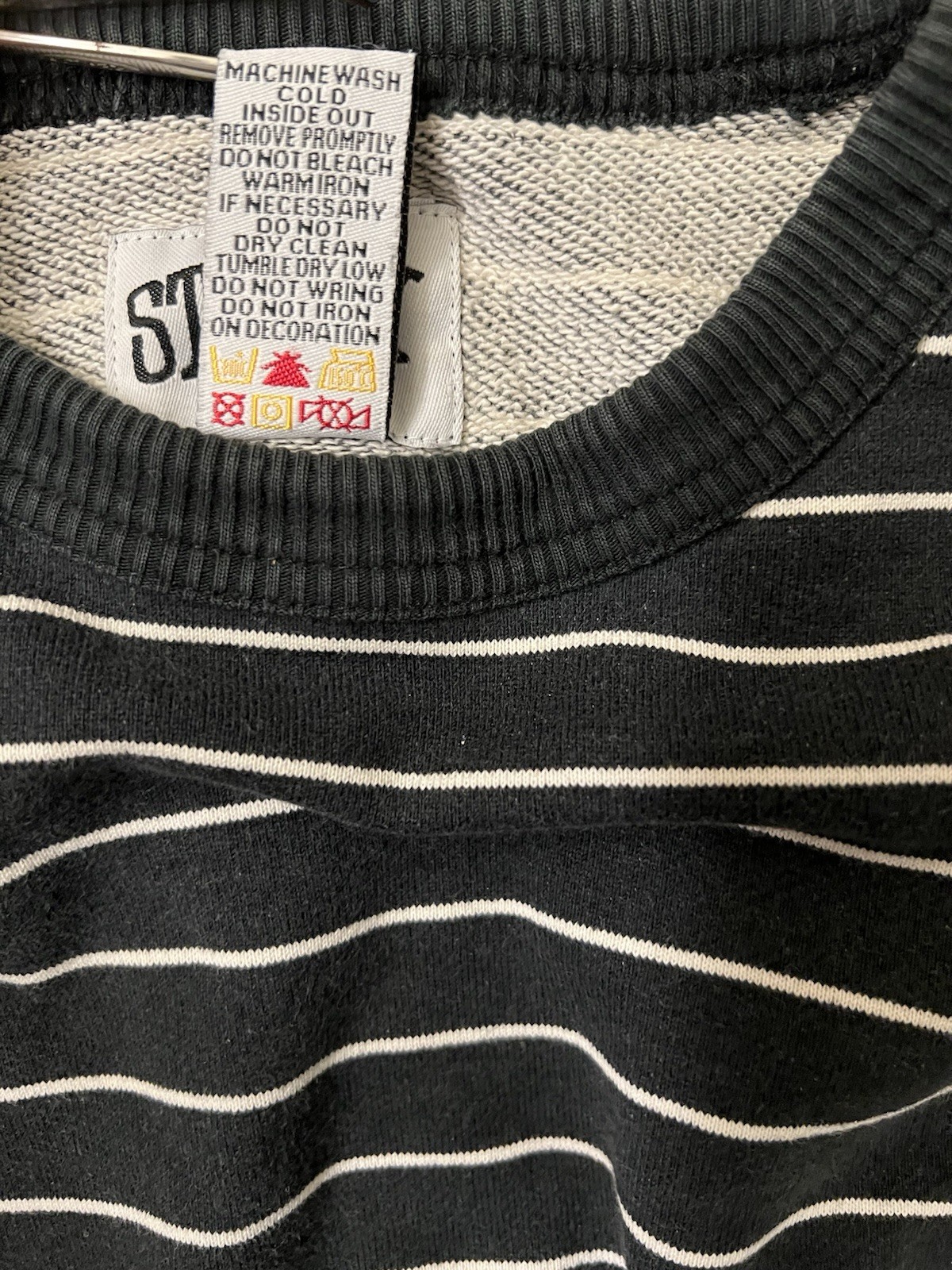 Y2K Stussy Micro Stripe Crewneck Sweatshirt Black White Vintage Size Medium gallery