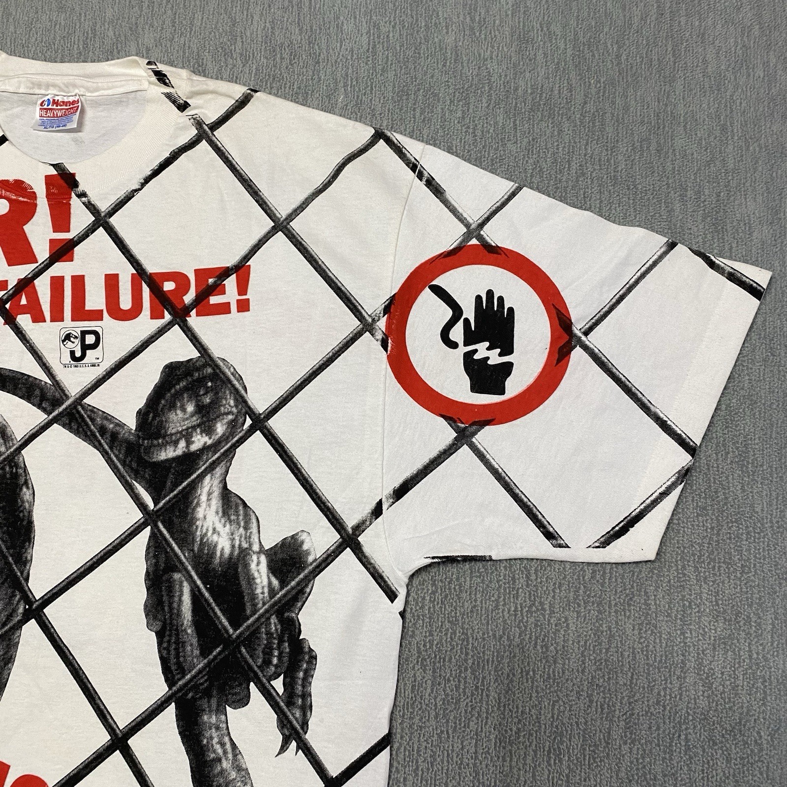 Vintage Jurassic Park Shirt XL Velociraptor AOP Cage Danger 1993 Movie Promo 90s gallery
