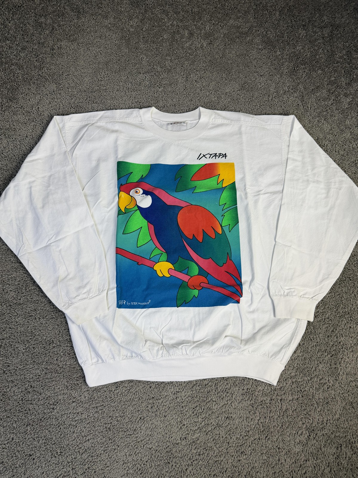 Vintage PEER By PETER MUSSFELDT Shirt Mens XL White Parrot Graphic Crew Neck gallery