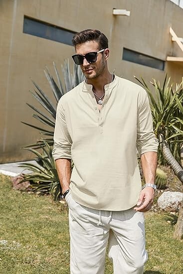 COOFANDY Men's Cotton Linen Henley T-Shirt Long Sleeve Hippie Casual Beach Beige gallery