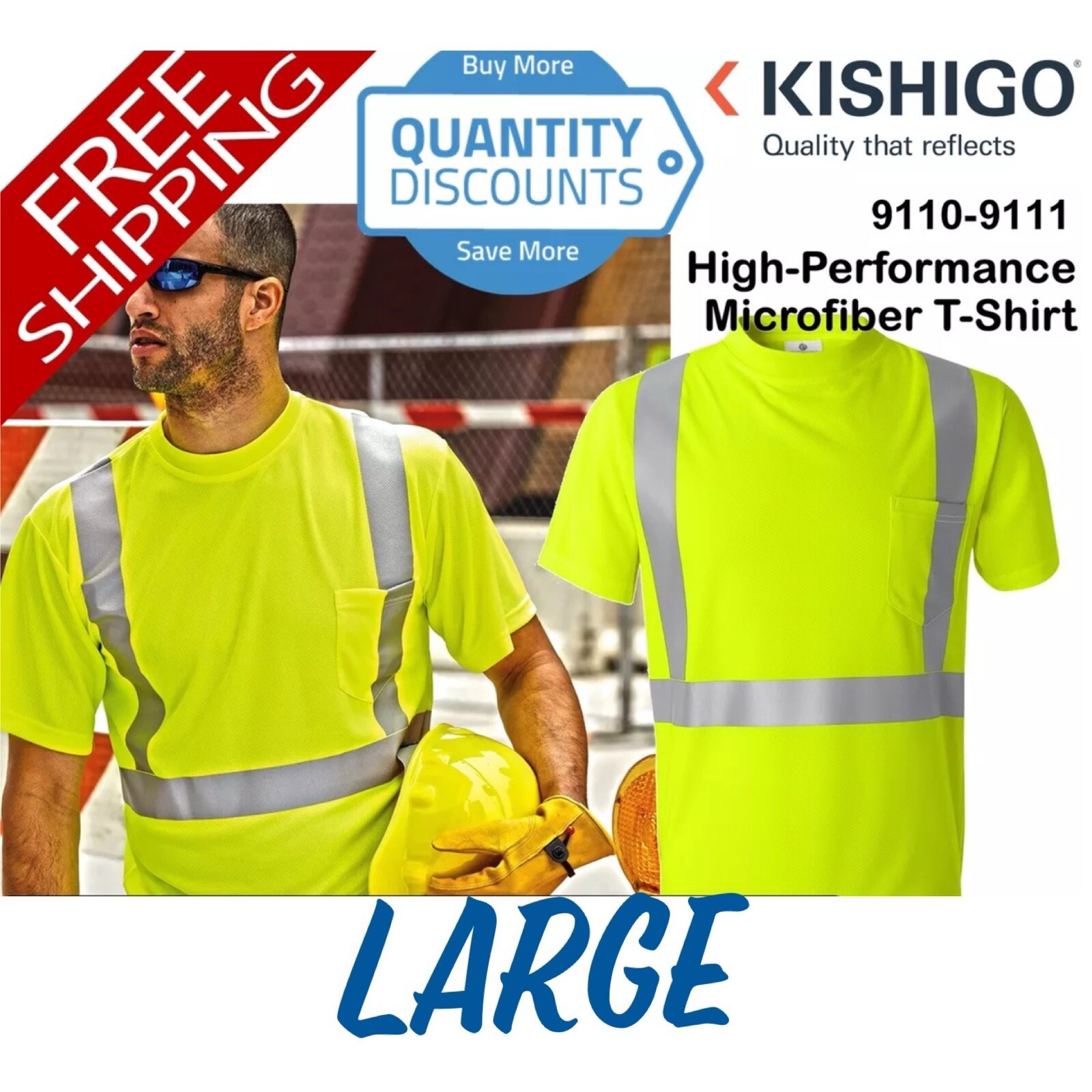 Kishigo Men Large High-performance Microfiber High Vis Safety T-shirt 9110 9111