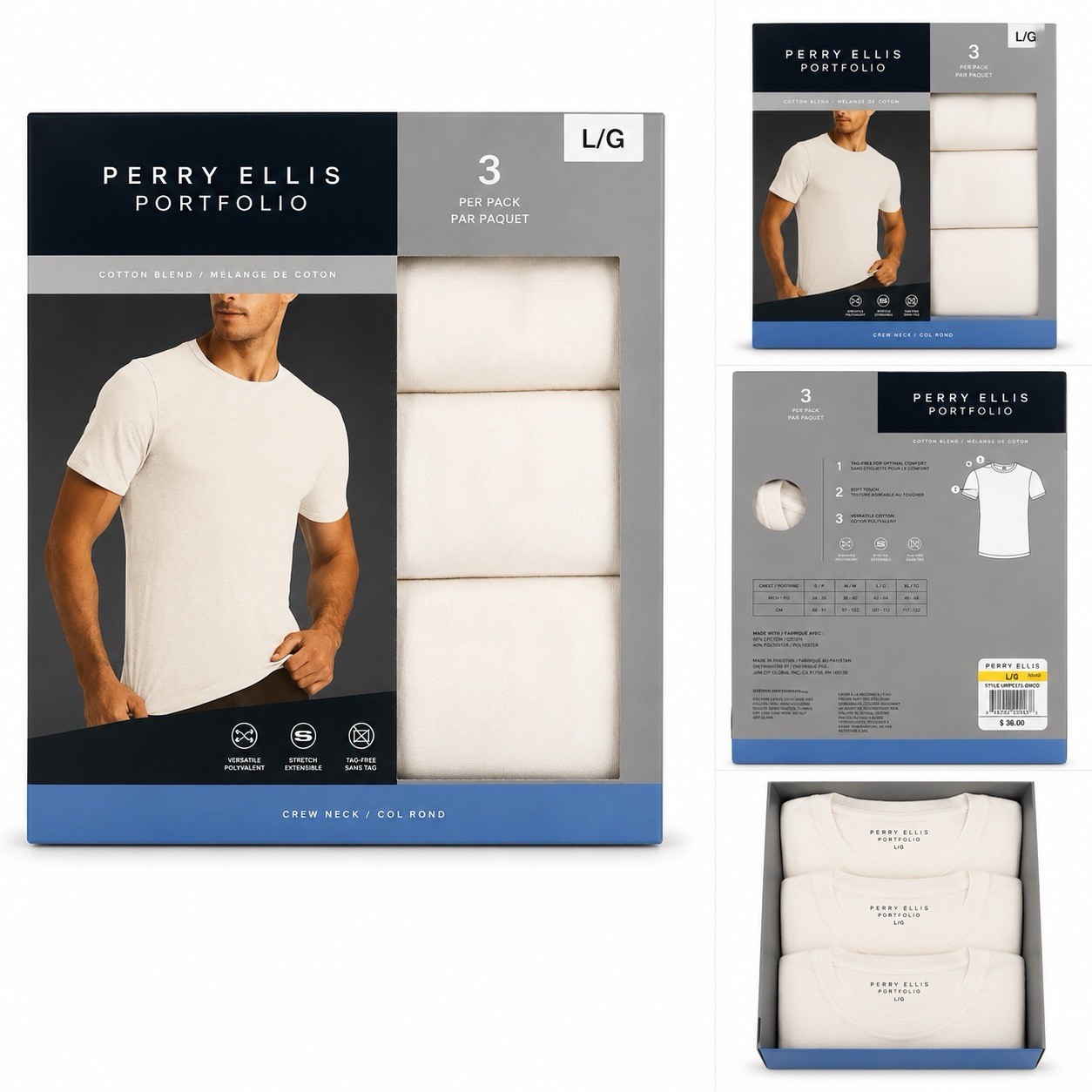 Perry Ellis Portfolio Men's 3-Pack Crew Neck T-Shirts Short Sleeve White L gallery