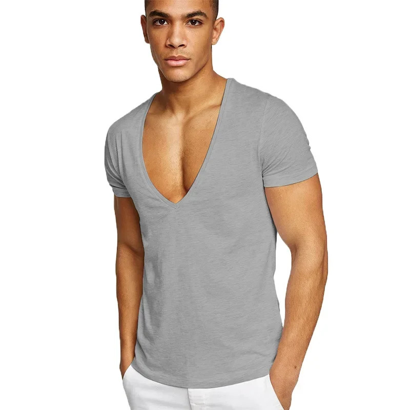 Men's T-Shirt Deep V-Neck Cotton Fitness Leisure Solid Color Tops Tees gallery