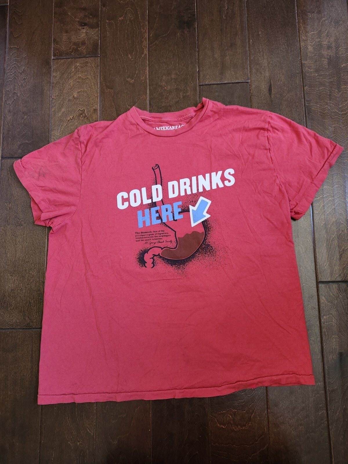 American Eagle Outfitters Cold Drinks Here Print Red Shirt Sz L (STAIN & DIRTY)