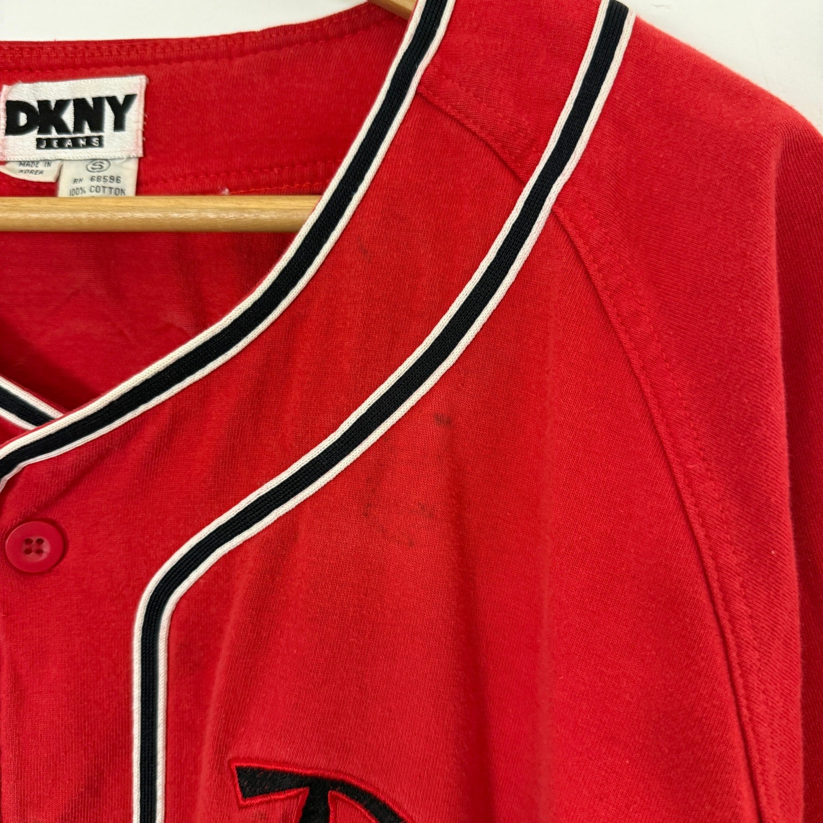 Vintage 90s DKNY Patchwork Baseball Jersey Button Up Shirt Streetwear Sportswear gallery
