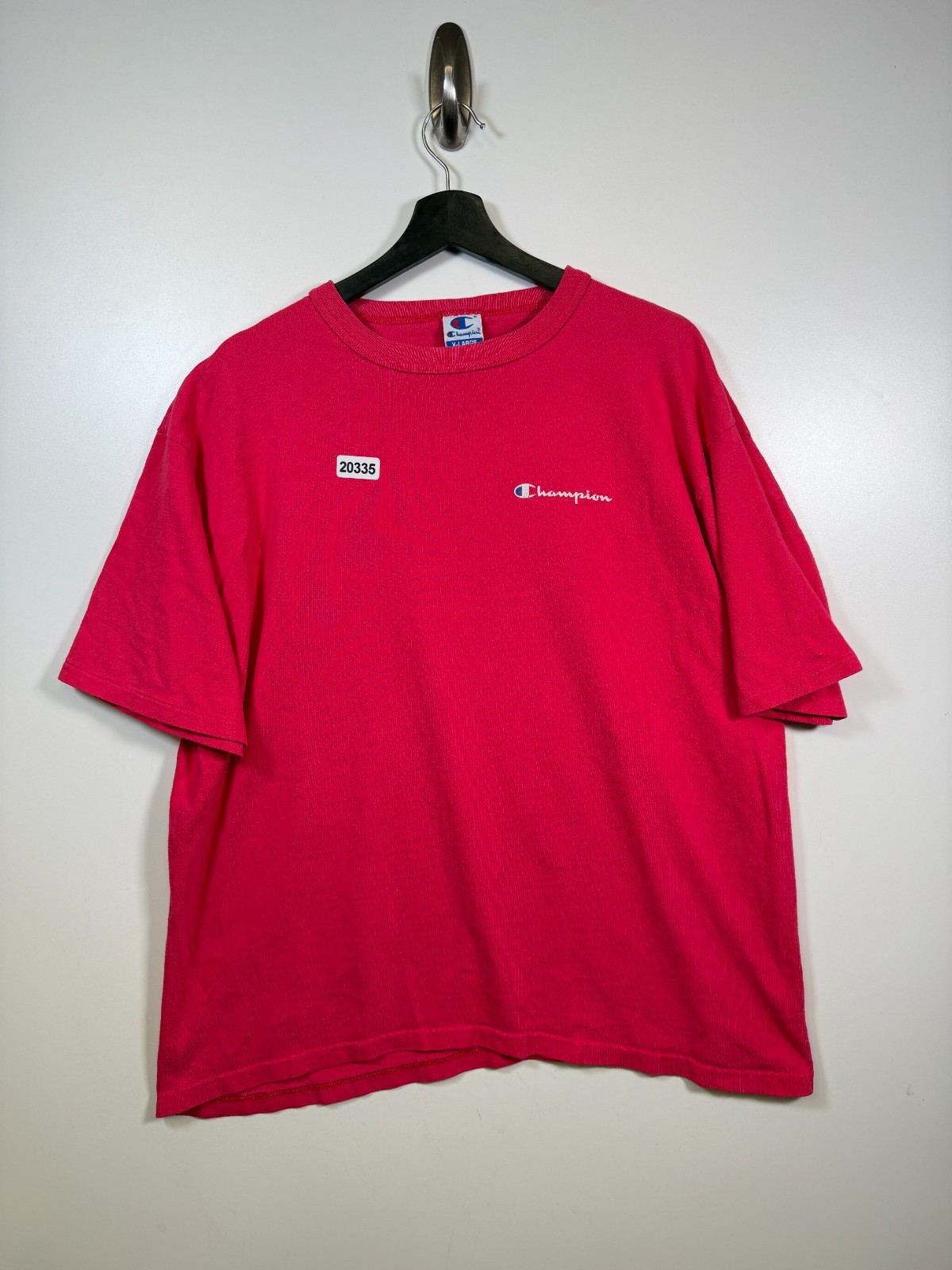Vtg Champion Mens Crewneck Spellout Logo Statement T Shirt Red Pink Size XL gallery