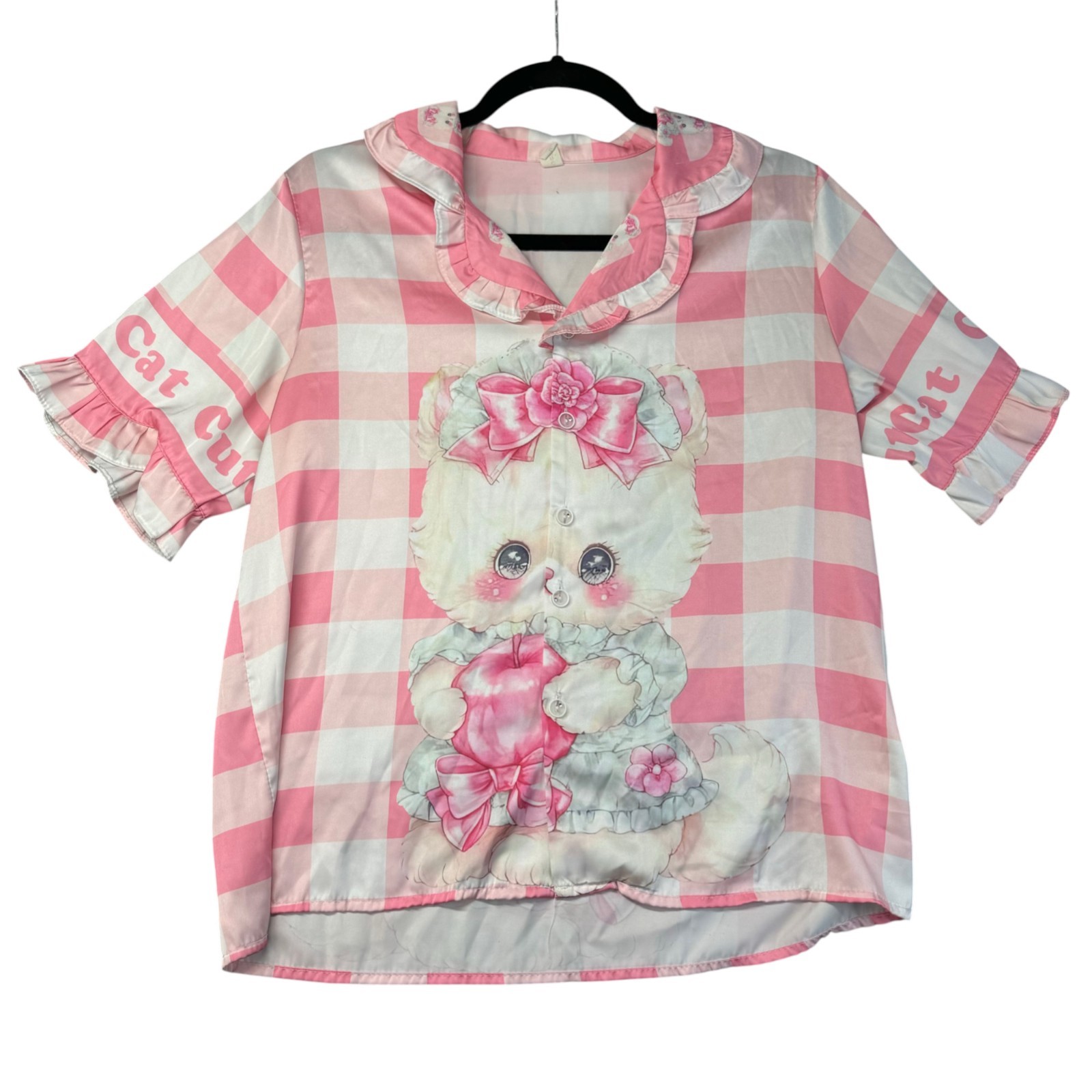 Cute Cat Shirt Women’s Large Pink White Plaid Short Sleeve Queen Cartoon Blouse
